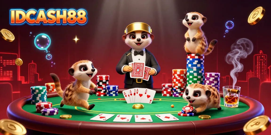 Engage with IDCASH88's vibrant casino scene featuring charming meerkats enjoying poker action.
