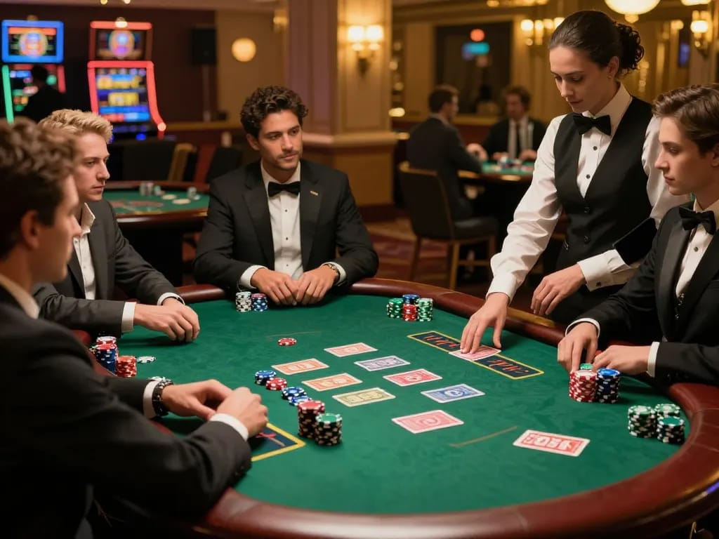 SG777 players strategizing at an upscale blackjack table in a luxurious casino environment