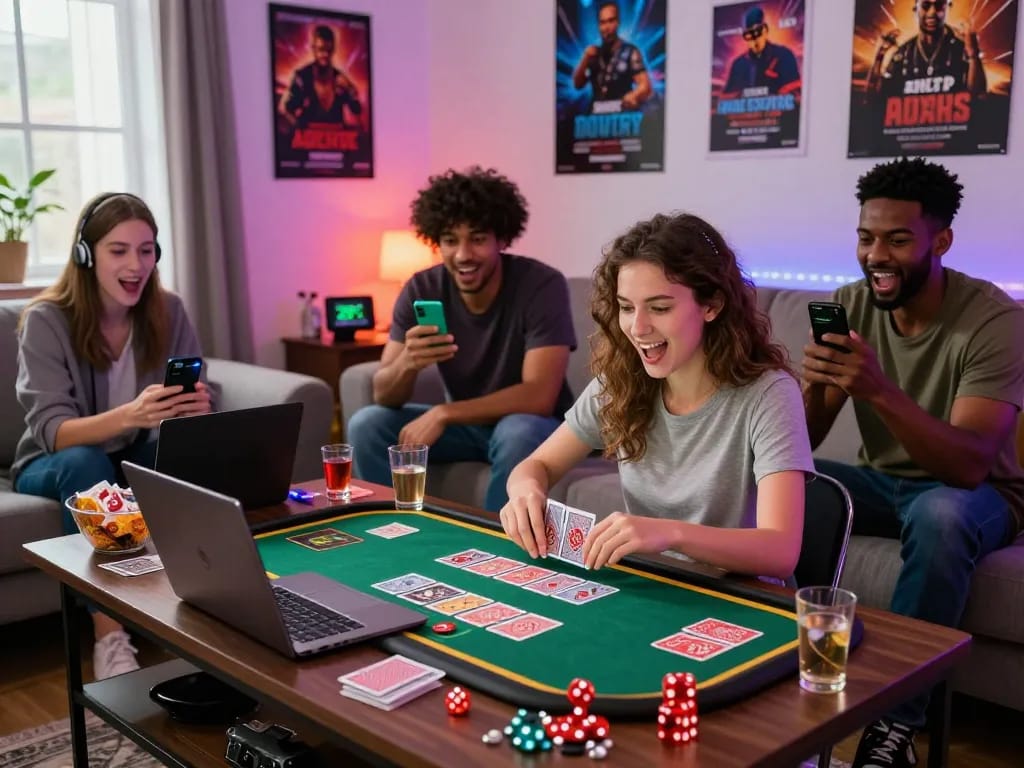 Exciting nk88 online gaming scene featuring friends enjoying casino games together in a cozy living room.