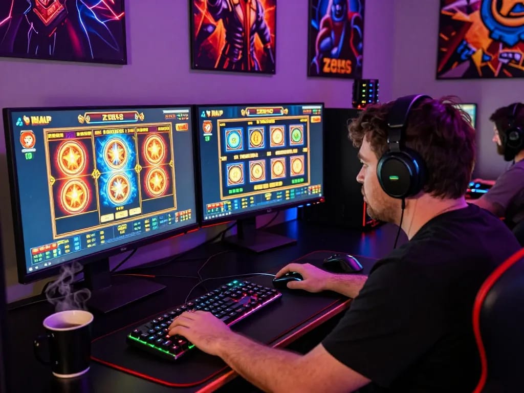 Dynamic online gaming setup featuring zeus138 slot game with colorful graphics and gaming peripherals.