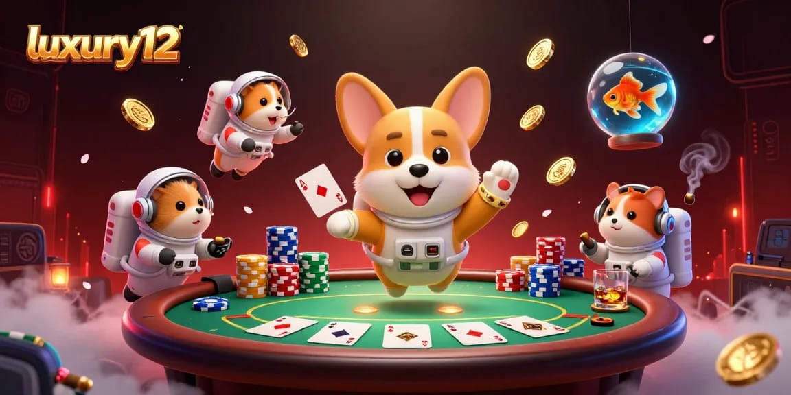 Play the luxury12 slot in a vibrant space-themed casino with colorful poker chips and characters.