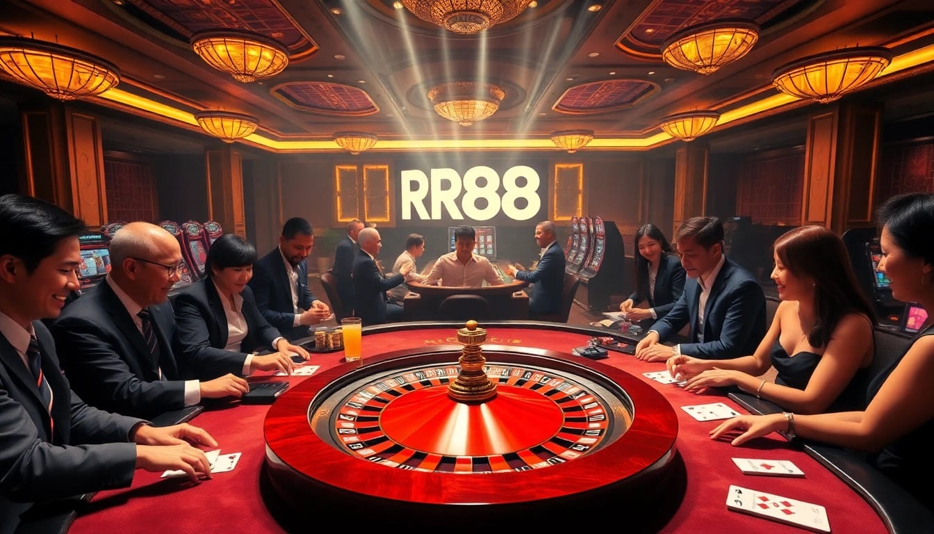 Players engaging in thrilling games at RR88 casino, showcasing a vibrant gambling scene.