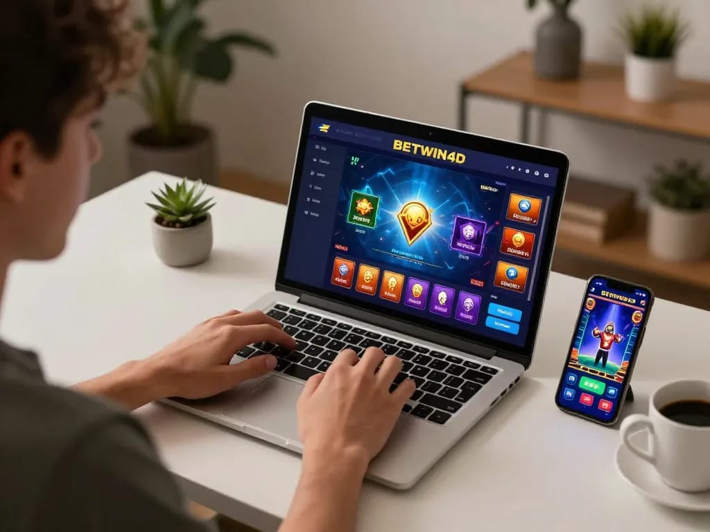Player engaging in BETWIN4D online casino gaming on a laptop, showcasing vibrant game interface and immersive action.