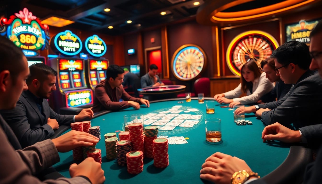 Players enjoying a high-stakes poker game at HM88 Casino, surrounded by vibrant energy and luxury.