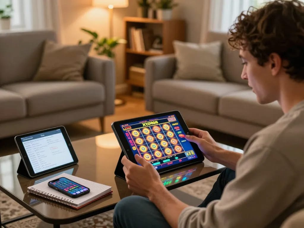 Player engaged in Slot x1000 on tablet at home with strategy notebook nearby