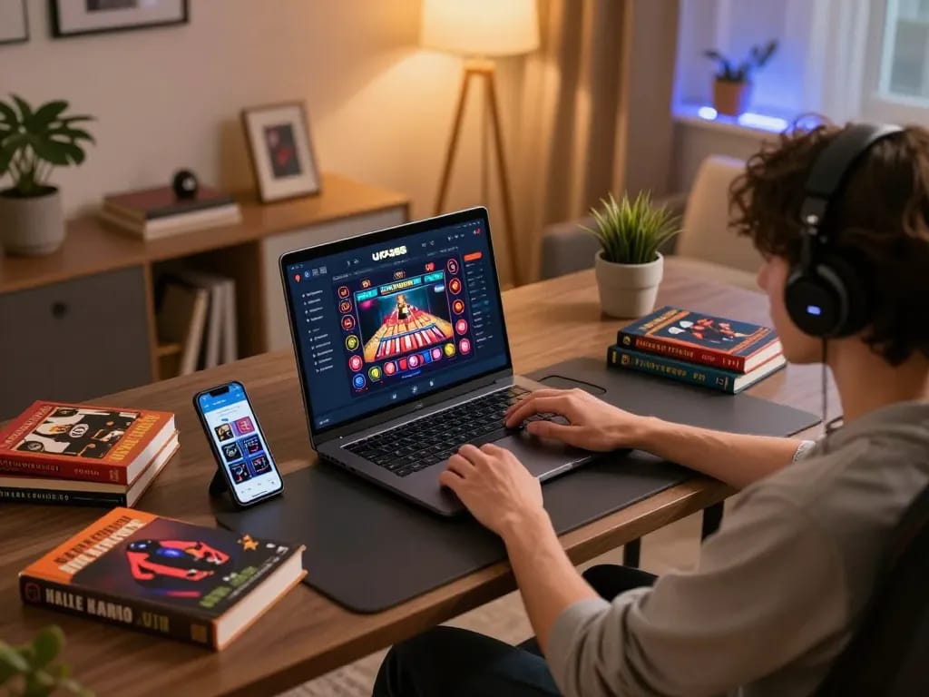 Engaging in UFA366 online betting strategies at a modern gaming desk with laptop and smartphone.