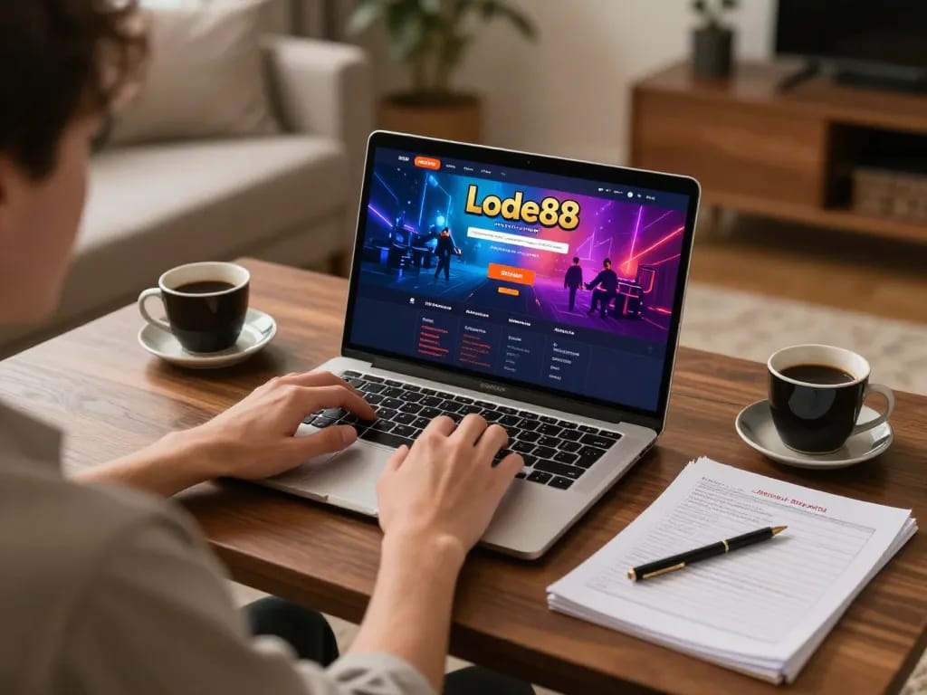 Lode88 player engaging with online slots on a laptop, showcasing strategic gaming setup at home.