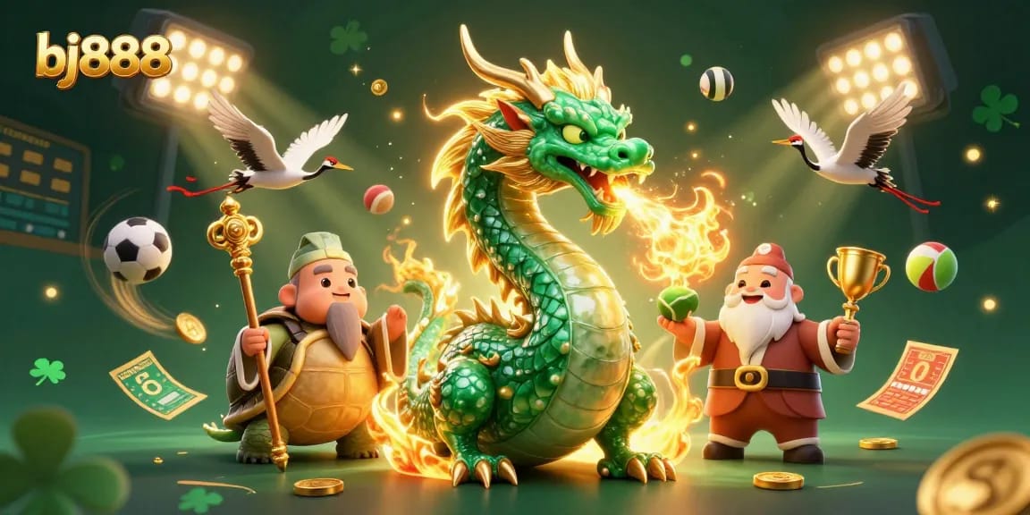 Experience the thrill of gaming at bj888 with a vibrant 3D dragon and lucky turtles.