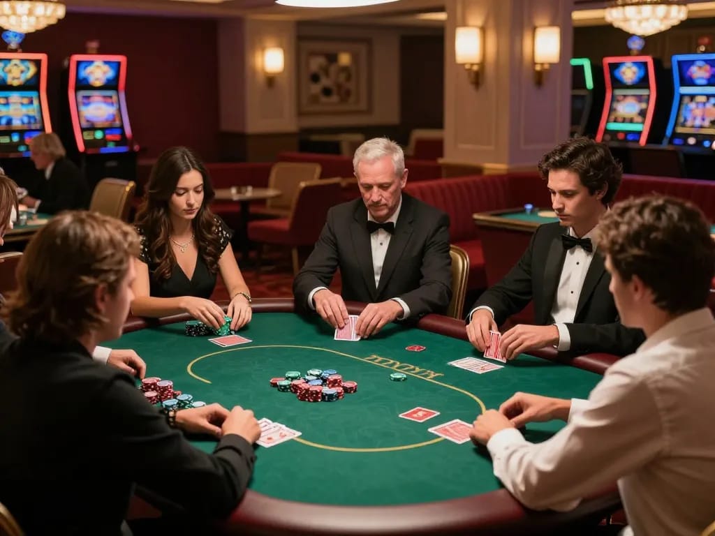 VA88 poker game in elegant casino setting, showcasing players engaged in strategy and excitement.