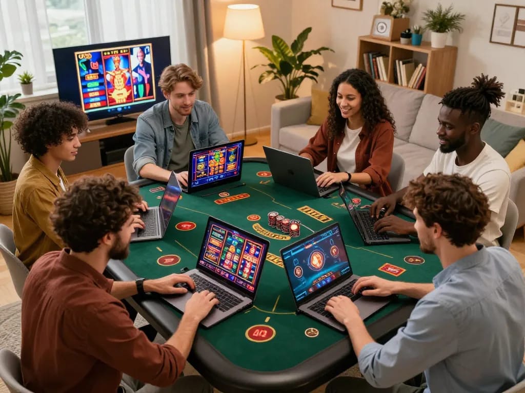 Friends enjoying online gambling on laptops at home while using Bongdalu for strategies.