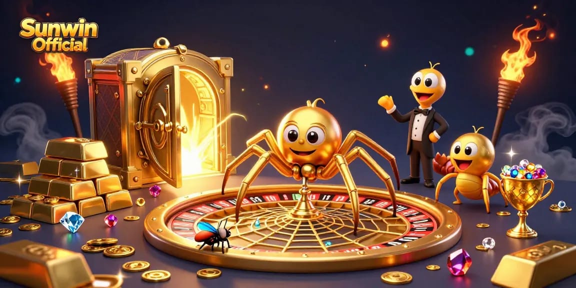 Bet on big wins at Sunwin Official's vibrant 3D casino scene filled with gold and jewels.