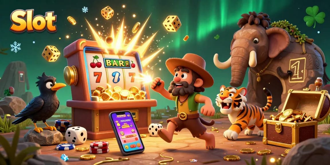 Spin the slot and win vast prizes in this dynamic casino illustrated scene.