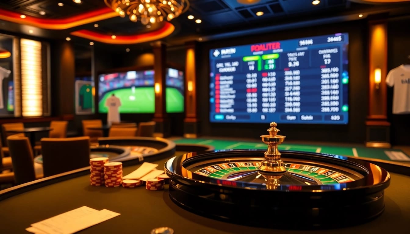 Engaging scene of Judi Bola betting with poker chips and a roulette wheel in a luxurious casino.