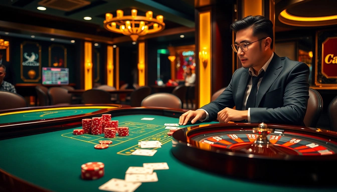 Exciting casino gaming scene at LC88 with vibrant poker chips and roulette wheel.