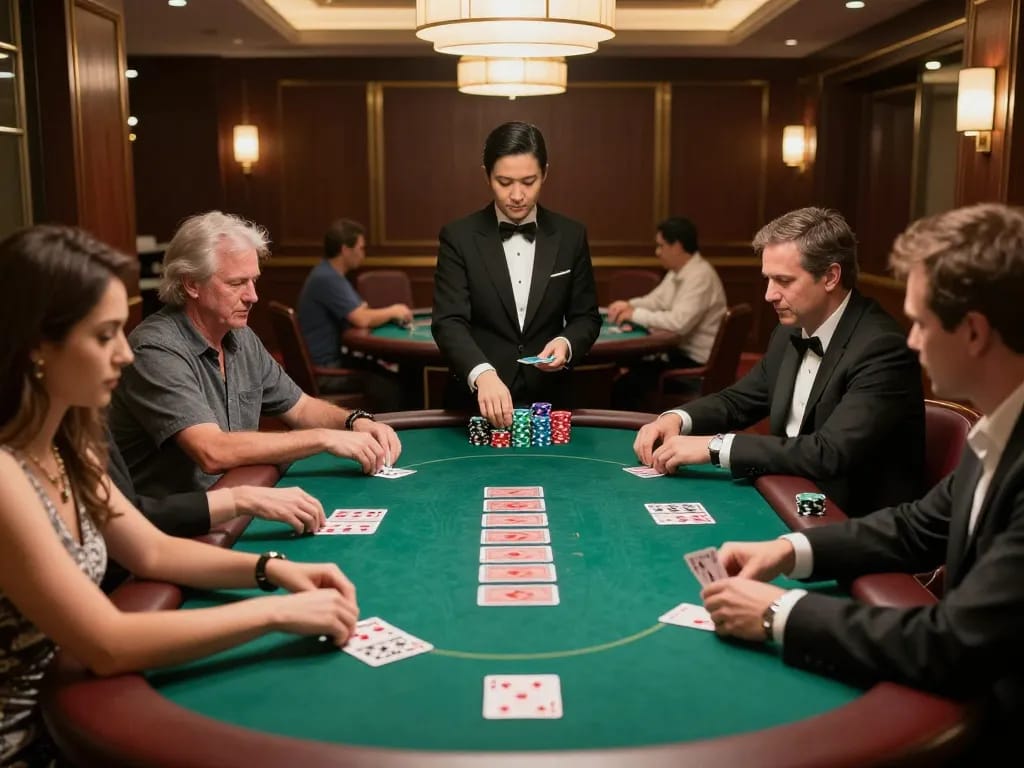 TIP88 players engaged in an intense poker game at a vibrant casino table, showcasing strategy and excitement.