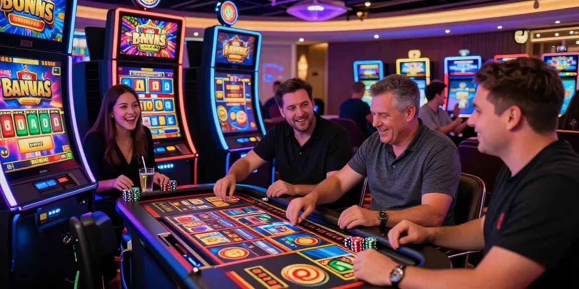 Diverse players enjoying Bonus Buy slots at https://eliotsociety.org.uk/ casino, vibrant atmosphere filled with excitement.