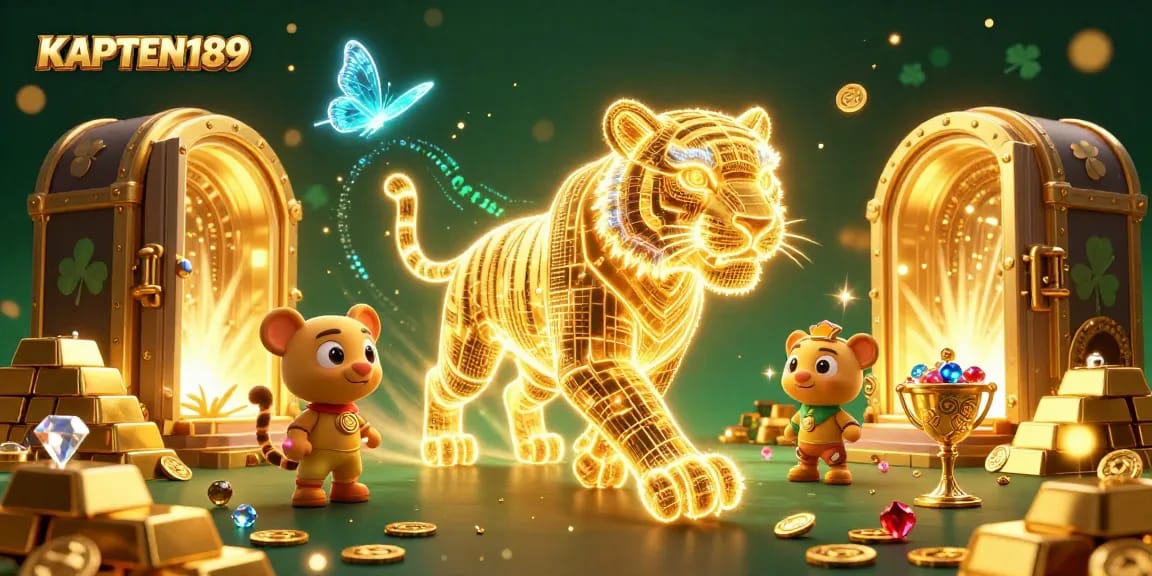 KAPTEN189 memberi kesempatan menang dengan suasana kasino digital bercahaya yang penuh dengan harta berkilau.