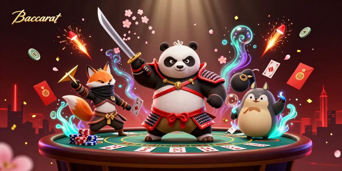 Baccarat scene with a samurai panda, ninja fox, and magical tanuki at a baccarat table, creating a festive atmosphere.