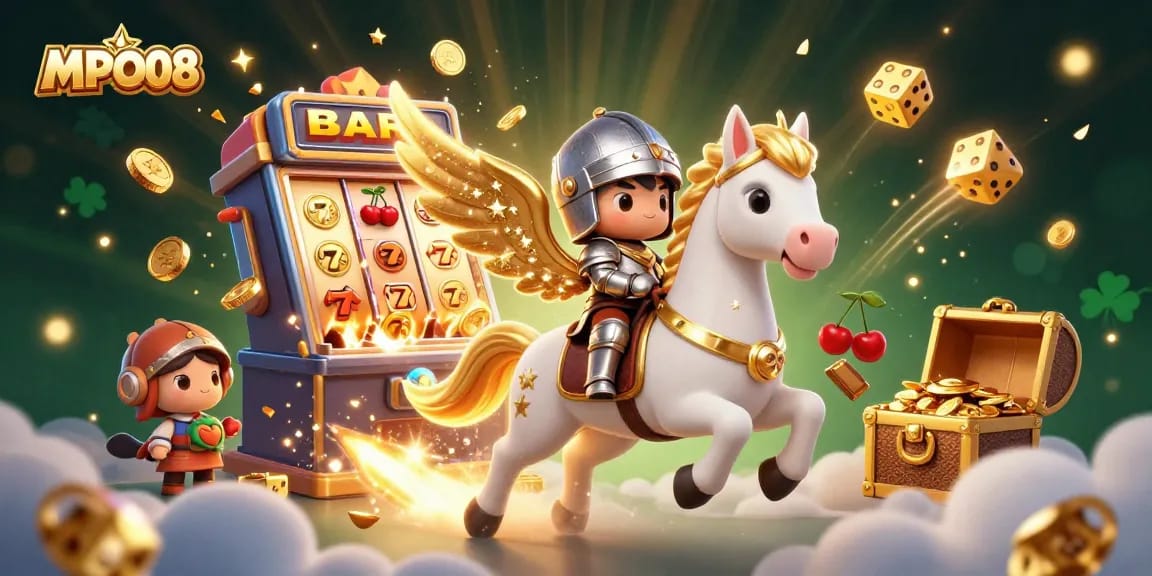 Experience thrilling wins at MPO08 with a mystical horse and knight amid bursting slot machines and gold.