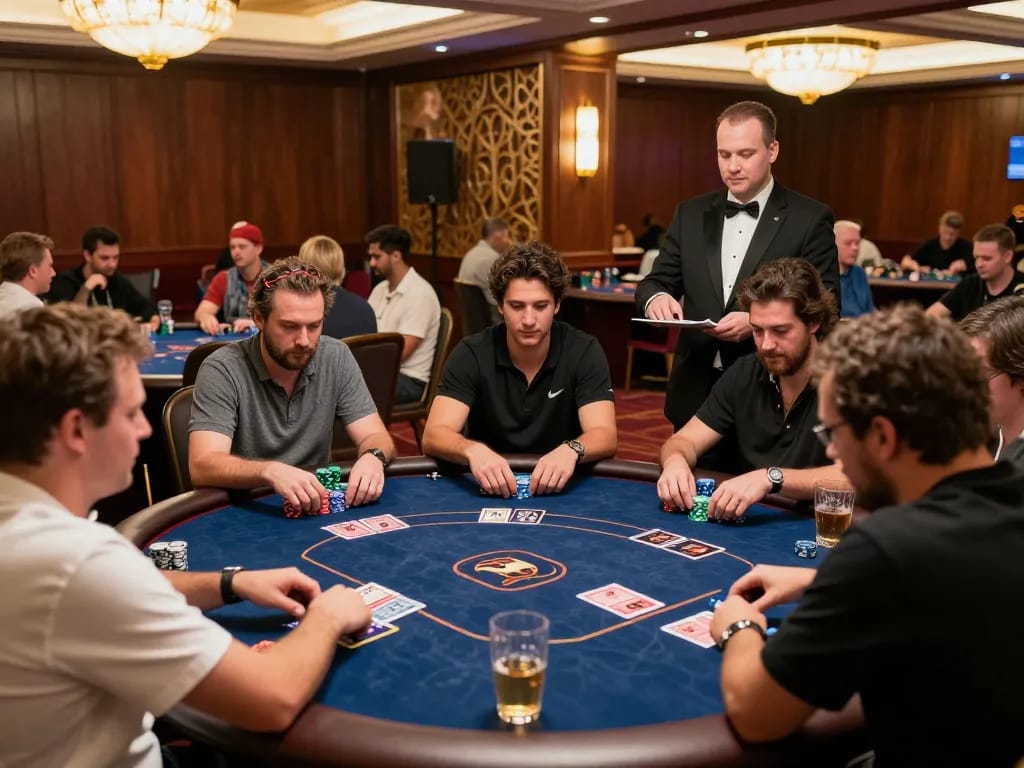 Players enjoying a thrilling game of poker at megaplus88, showcasing vibrant casino atmosphere and strategic gameplay.