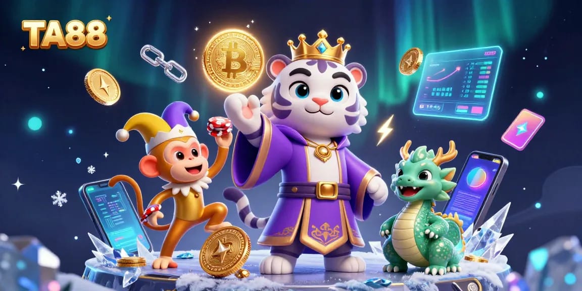 Experience TA88's vibrant casino atmosphere with a whimsical tiger, monkey, and crypto-themed display.