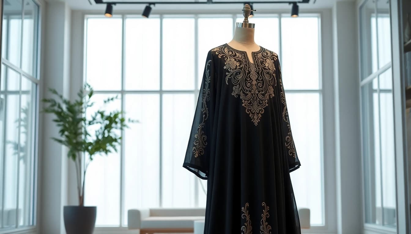Showcasing a luxurious abaya by a leading Abaya manufacturer in a modern boutique setting.