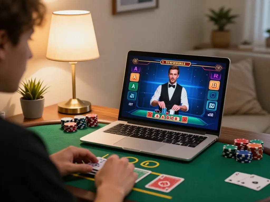 Engaging in kdslot gameplay on a laptop with a live dealer in a cozy home setting.