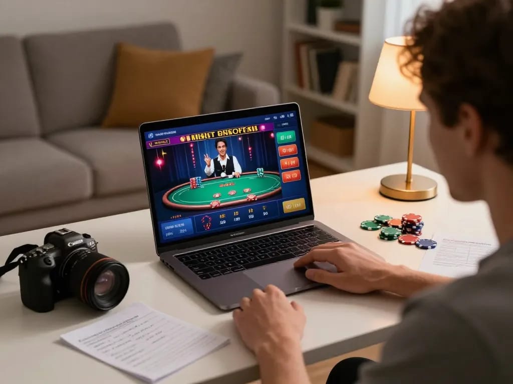 Engaged gambler using cm88 for online poker strategy with laptop and notes.