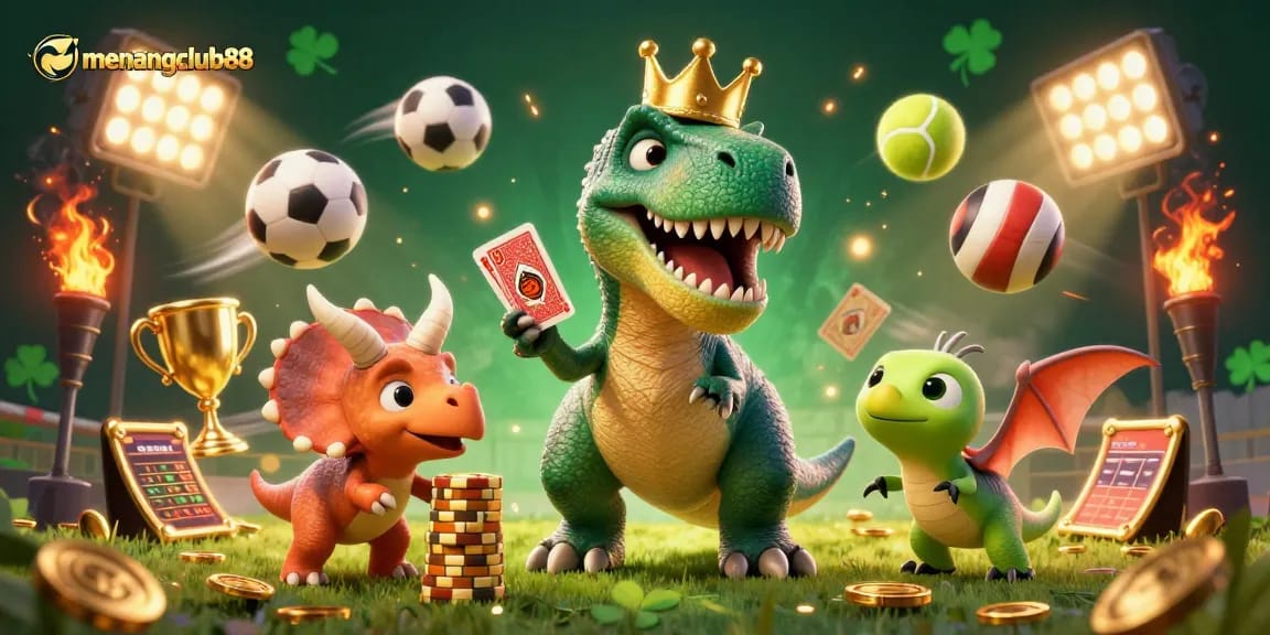 Experience the thrill of menangclub88 with a lively casino scene featuring playful dinosaurs and dynamic sports elements.