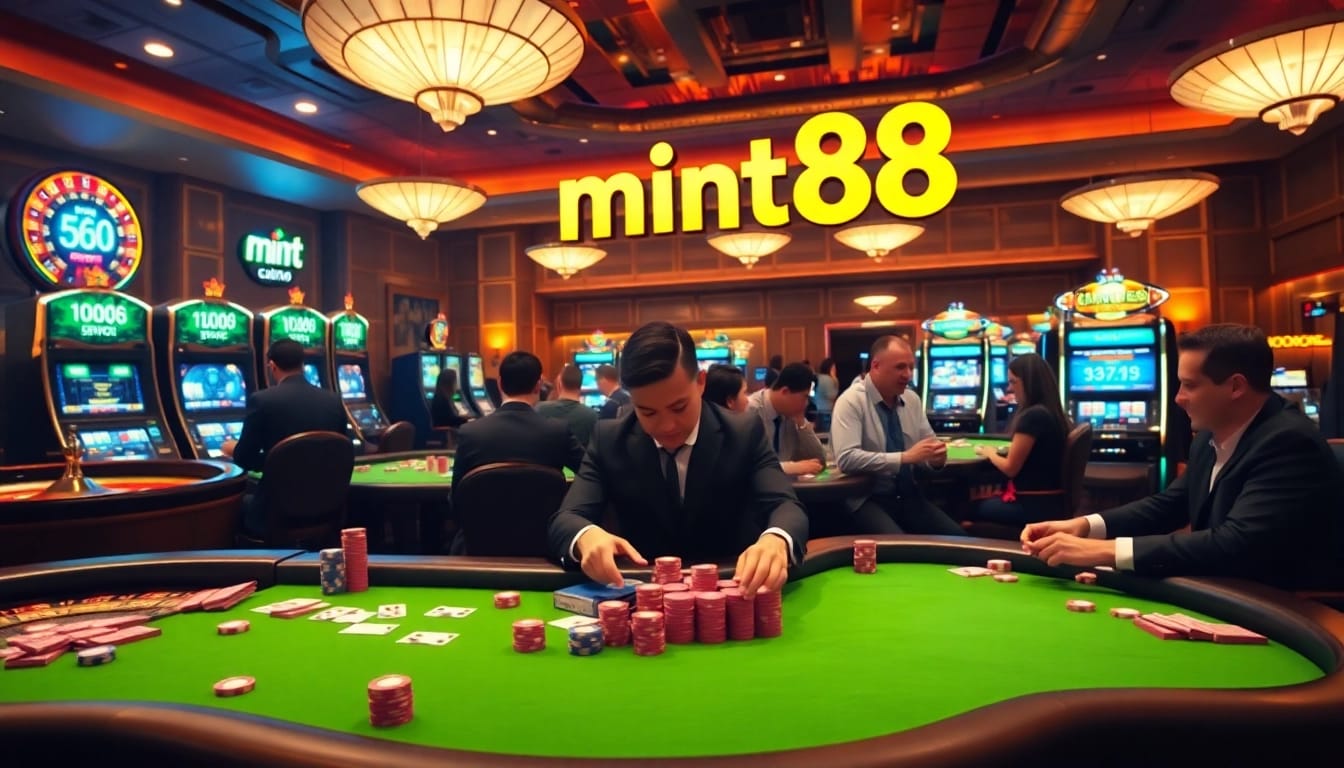 Engage in thrilling games at mint88 casino, featuring poker tables, roulette wheels, and vibrant slot machines.