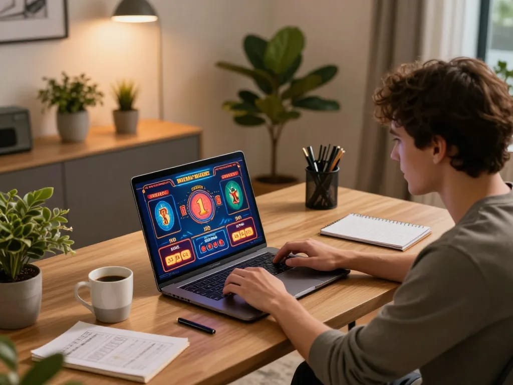 Engaged player enjoying online slots with ushimitsusoft on laptop at home gaming setup.