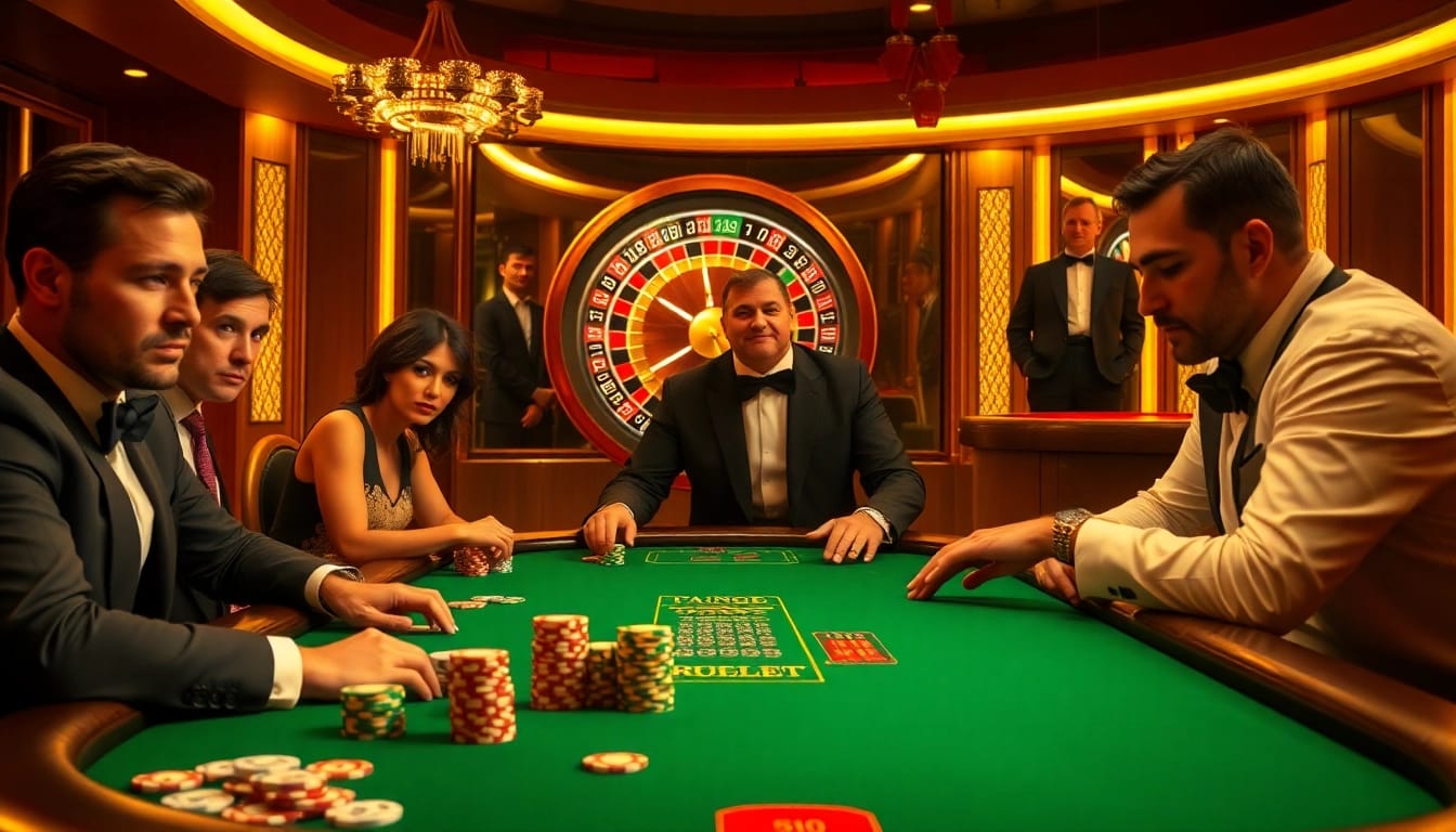 Engaged players at BL555's high-stakes poker table, showcasing excitement and strategy involved in gambling.