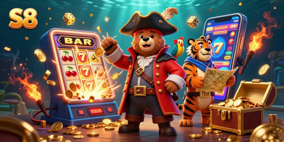 S8 casino rewards: pirate captain bear and tiger with jackpot slot machine and golden treasures