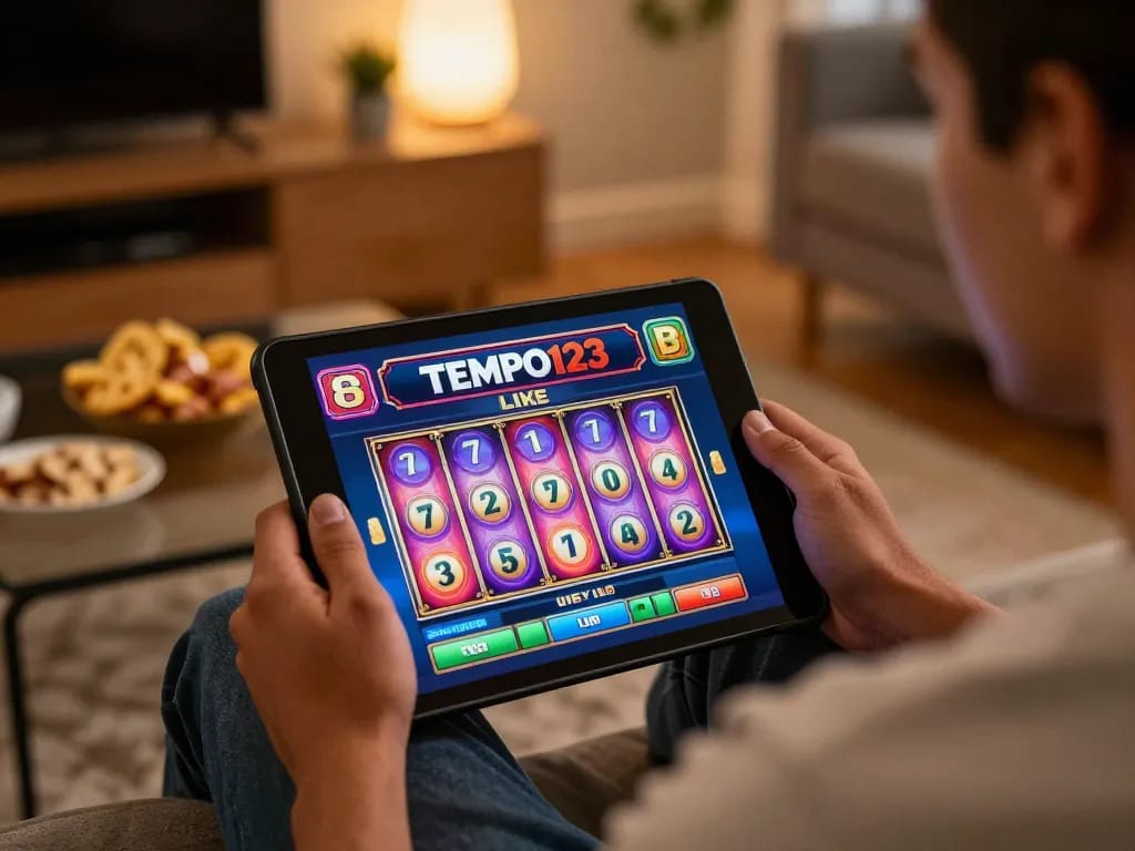 Engaging live gaming experience on Tempo123 with a tablet showcasing online slot action