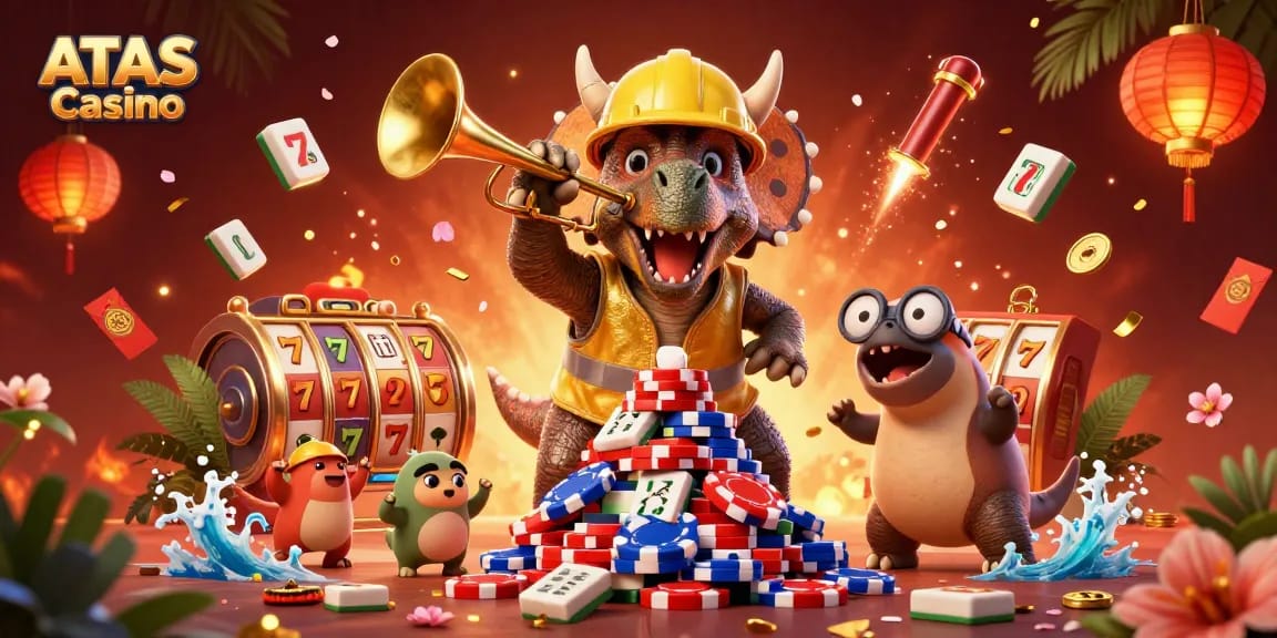 Join the excitement at ATAS Casino with a vibrant scene of 3D characters celebrating wins amidst dynamic casino elements