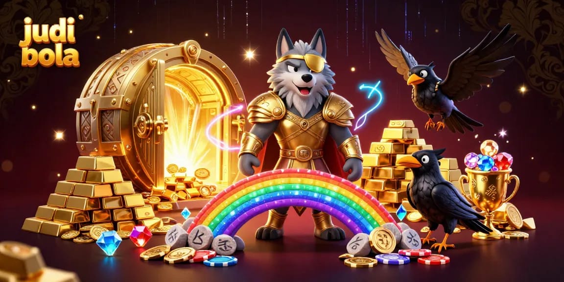 Engage in thrilling judi bola action with an epic Norse mythology scene featuring dynamic characters and rich treasures.