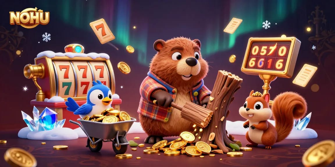 NOHU showcases a vibrant casino scene with characters amidst golden coins and dynamic slot reels.