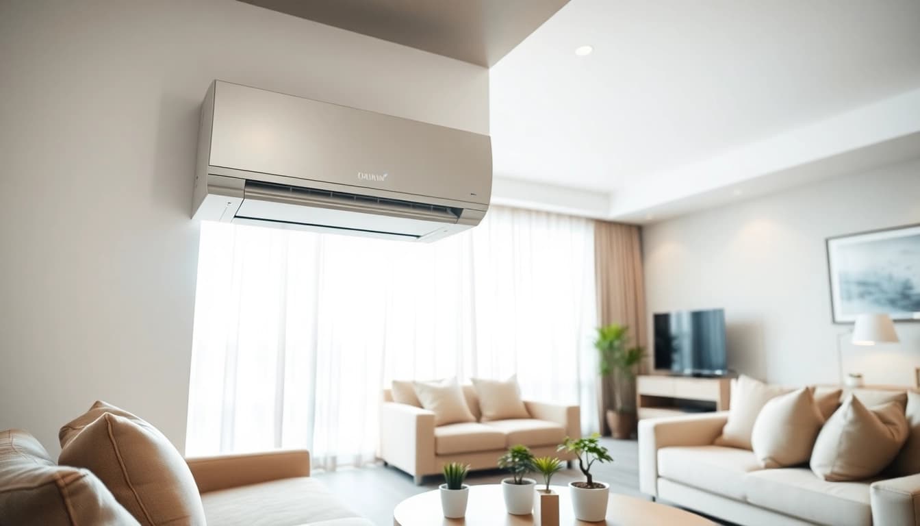 Install a daikin mini split ac in a stylish living room with modern decor and bright lighting.