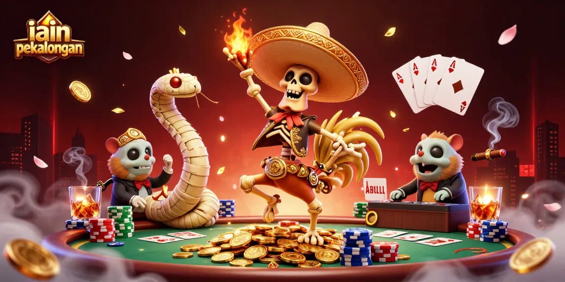 iain pekalongan showcases a vibrant 3D scene with a skeleton mariachi celebrating on golden coins.