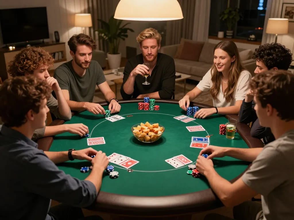Ombak88 suasana malam poker dengan teman-teman di rumah, menampilkan strategi, kegembiraan, dan atmosfer permainan sosial.