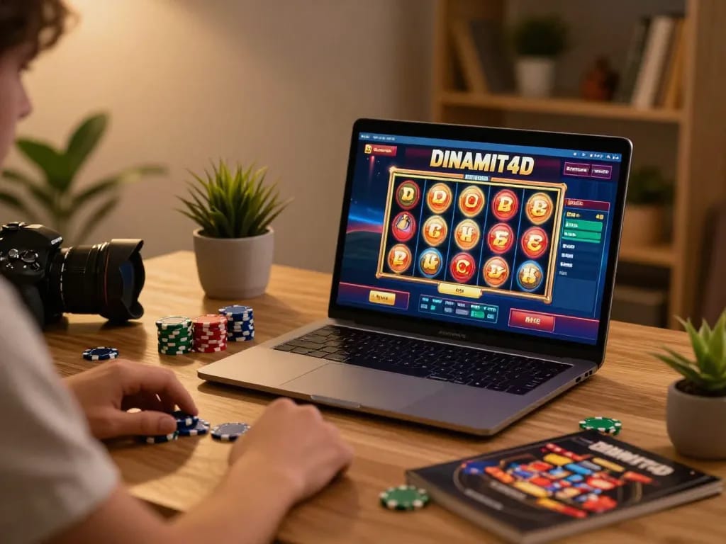 Engaging gaming experience on dinamit4d website with vibrant slot reels and casual setup.