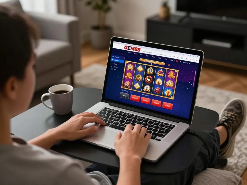 Experience GEM88 with engaging online slot games in a cozy home setup.