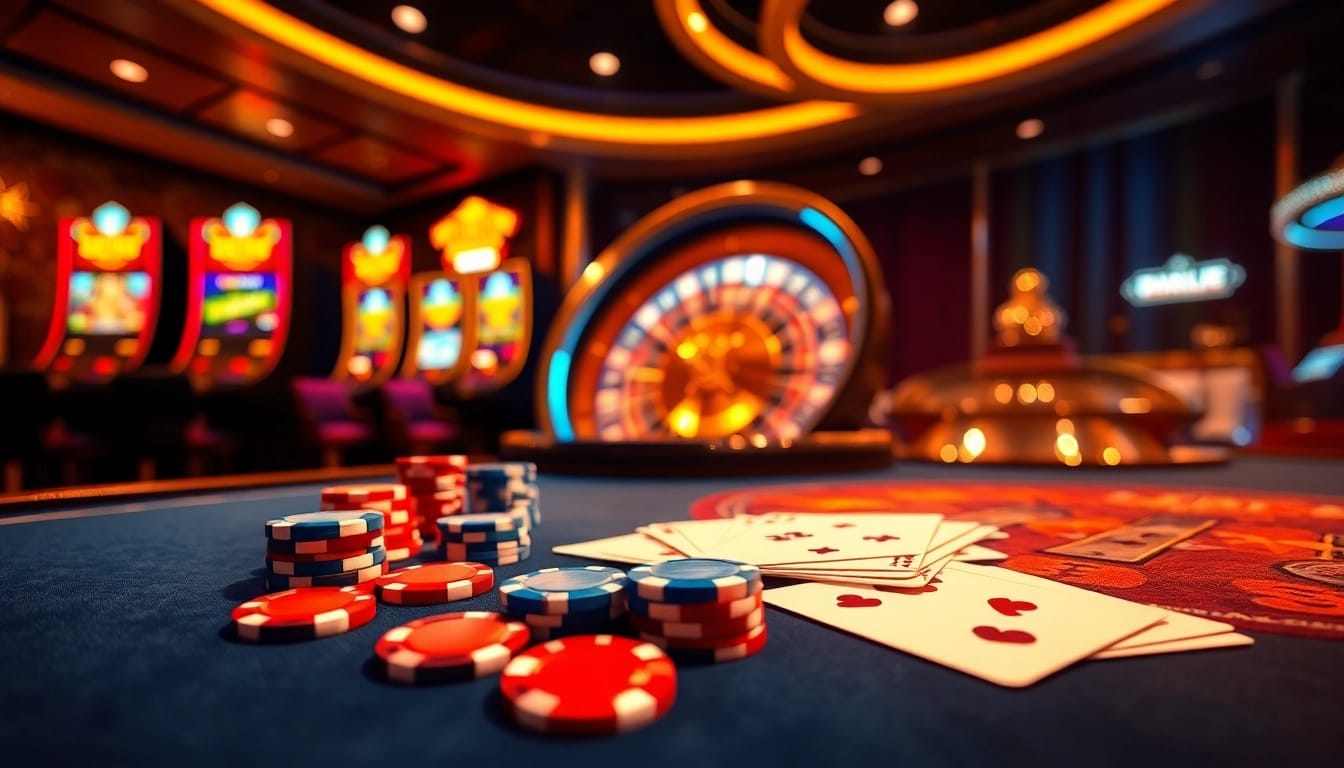 Exciting online casino gameplay with tk88 poker table, roulette wheel, and vibrant slots.