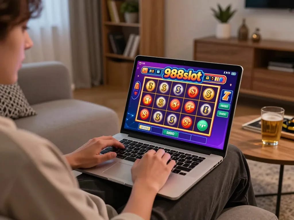 Engaging home gaming scene featuring a player enjoying 988slot on a laptop in a cozy setting.