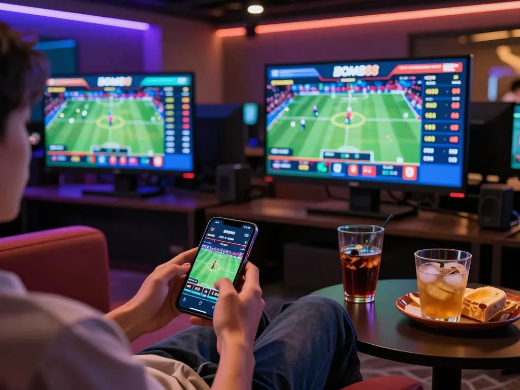 BOM88 player excitedly engaging in sports betting on a smartphone in a cozy environment.