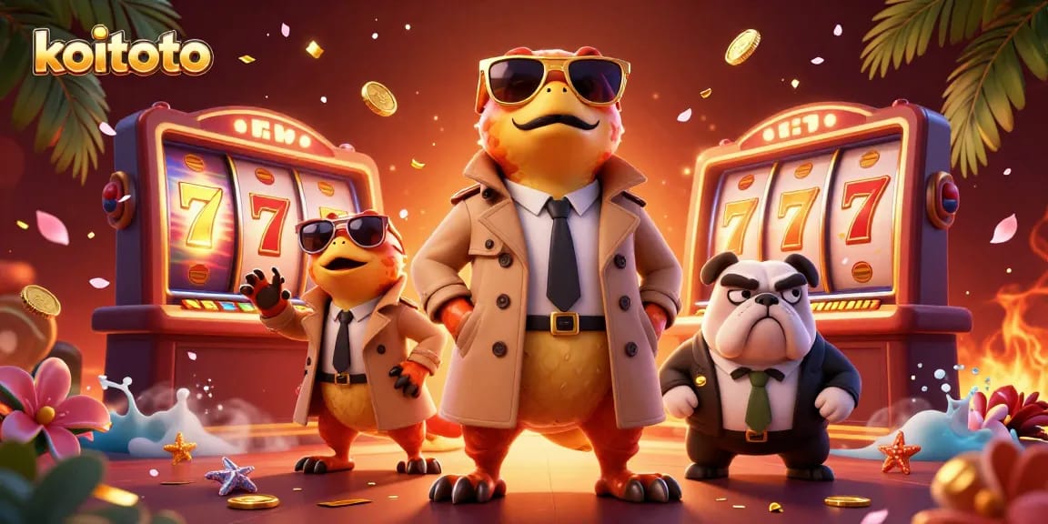 Koitoto offers thrilling slot reels action amidst a whimsical scene featuring raptors in disguise at a casino.