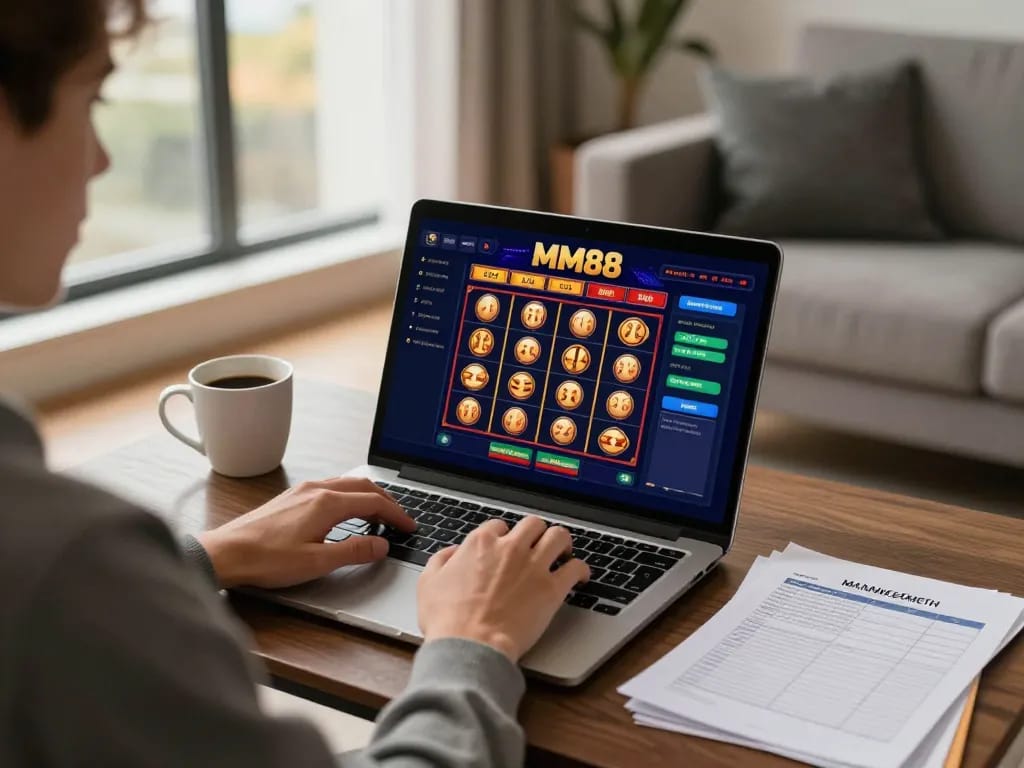 Engaging online casino experience on MM88 with a player analyzing slots on a laptop