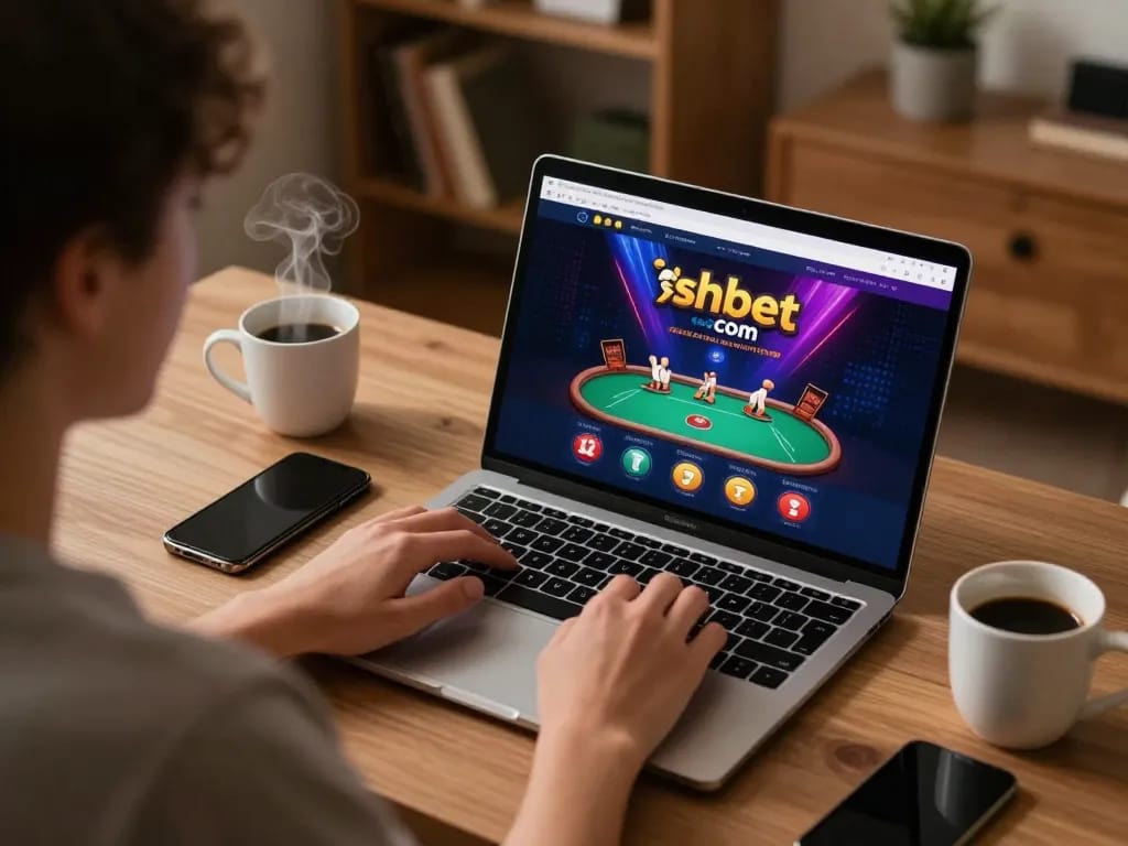 Engaged player at shbet com using laptop for online poker strategy with cozy home atmosphere.
