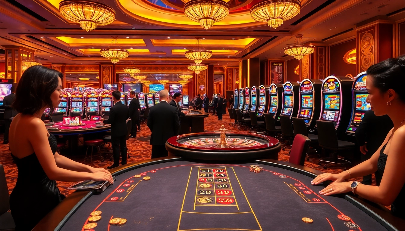 Gamequeen casino scene with players enjoying blackjack and a spinning roulette wheel.