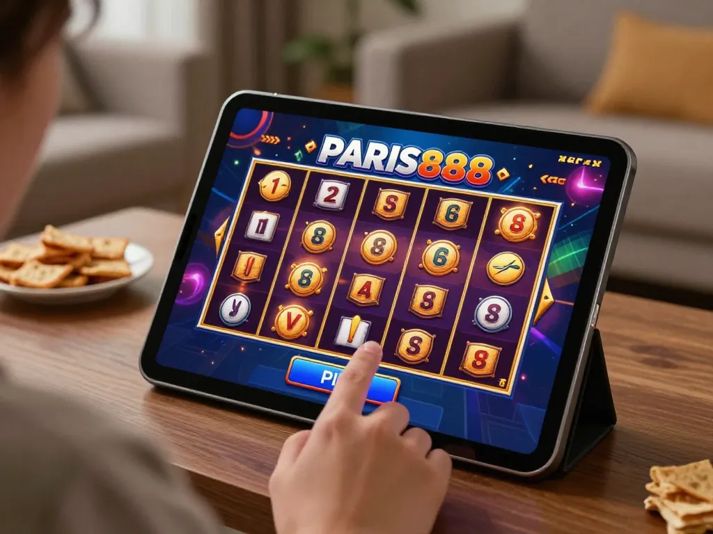 Player engaging with the paris888 online slot game on a tablet, showcasing thrilling gameplay at home.